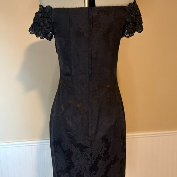 JESSICA McCLINTOCK Off-Shoulder Damask + Sequins Black Party Dress | 80s Size 4 - Picture 8 of 11